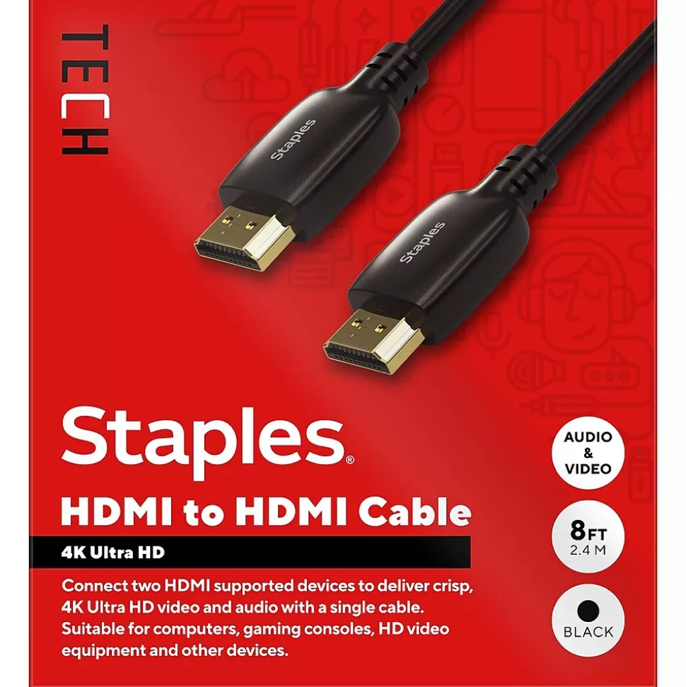 Staples TECH 8 ft. HDMI to HDMI Audio/Video Cable, Male to Male, Black (ST62467) Outlet