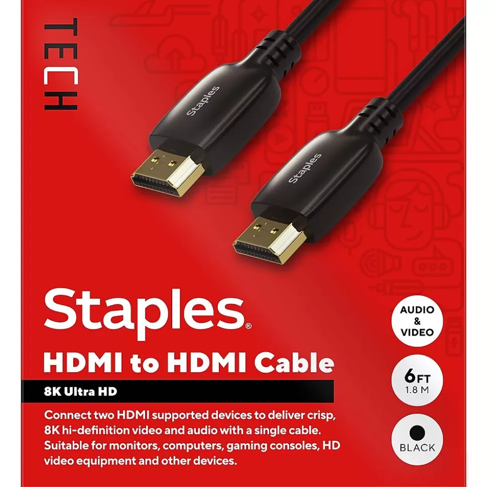 Staples TECH 6 ft. HDMI to HDMI Audio/Video Cable, Male to Male, Black (ST62477) Outlet