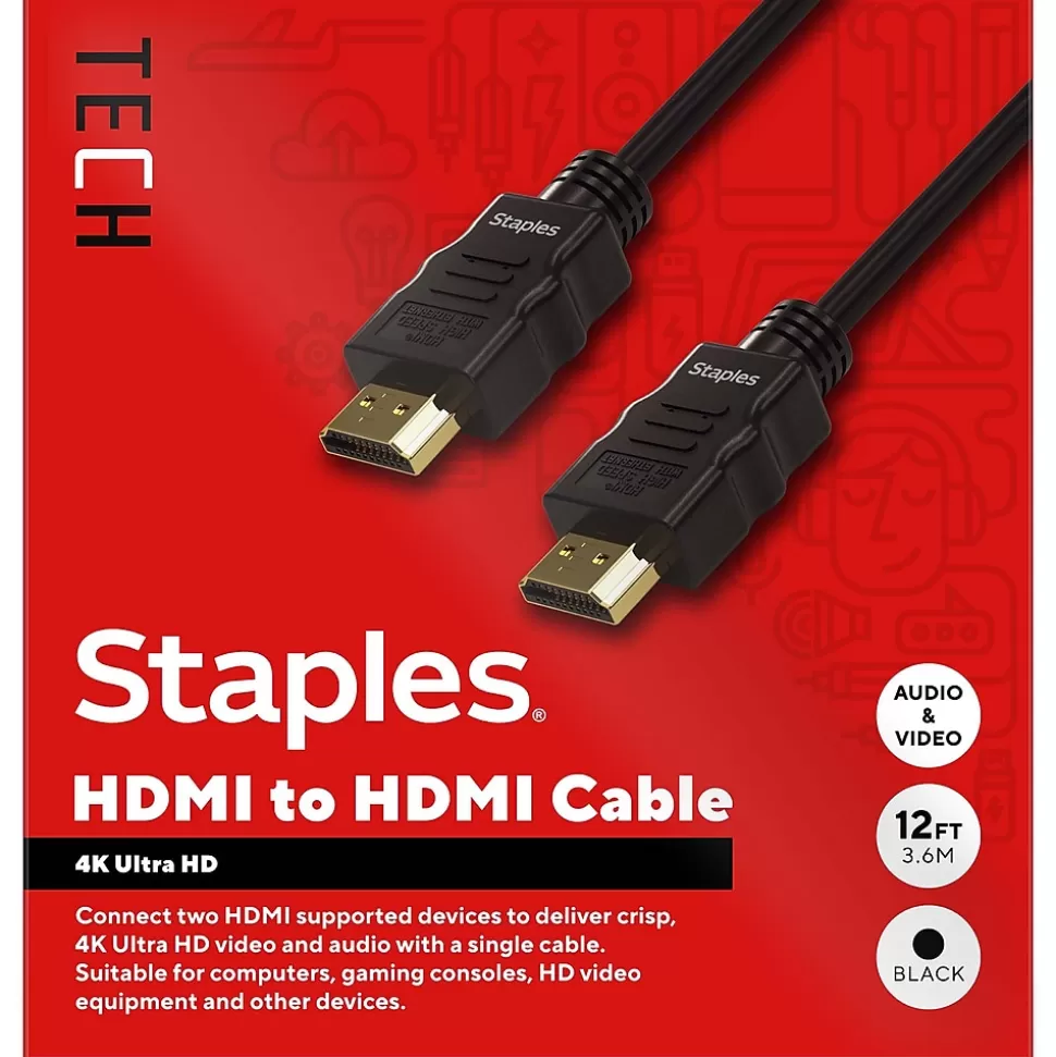 Staples TECH 12 ft. HDMI to HDMI Audio/Video Cable, Male to Male, Black (ST62465) New