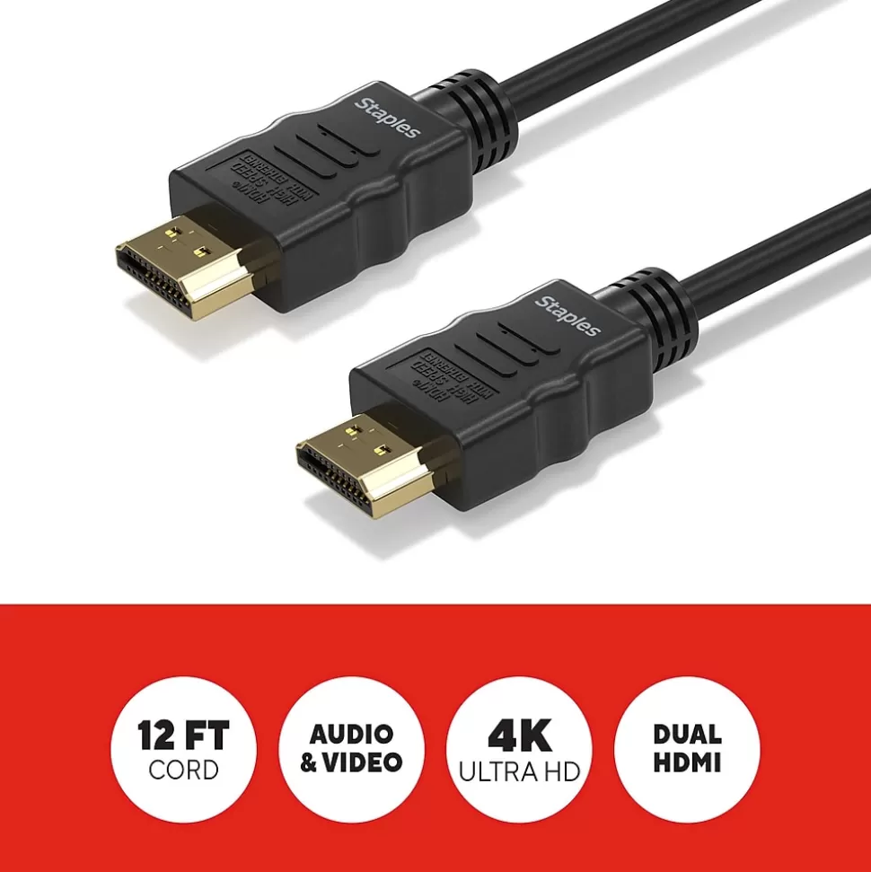 Staples TECH 12 ft. HDMI to HDMI Audio/Video Cable, Male to Male, Black (ST62465) New