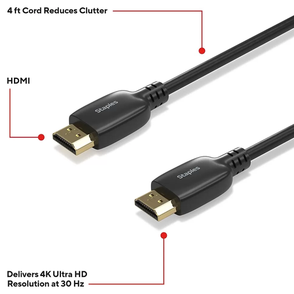 Staples TECH 4 ft. HDMI to HDMI Audio/Video Cable, Male to Male, Black (ST62468) Online