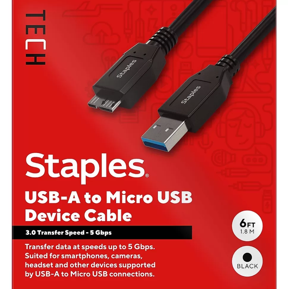 Staples TECH 6 ft. USB-A to Micro USB Type B Cable, Male to Male, Black (ST62441) Fashion