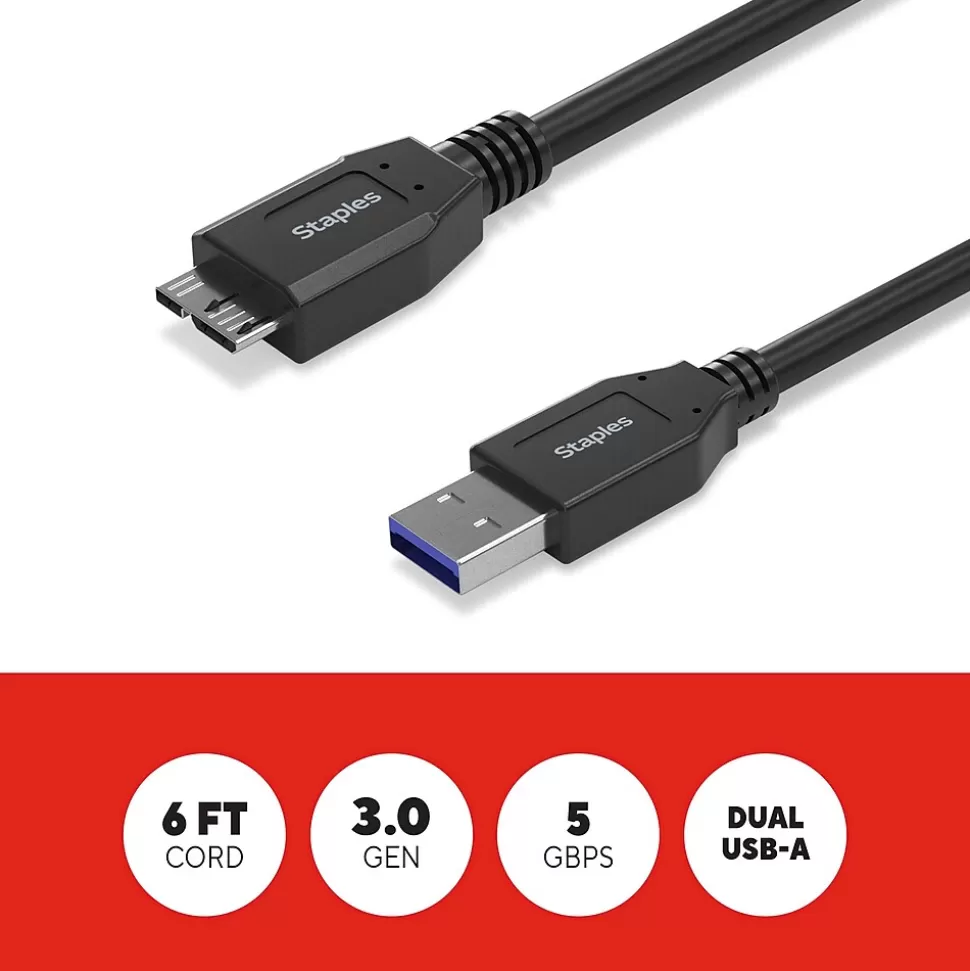 Staples TECH 6 ft. USB-A to Micro USB Type B Cable, Male to Male, Black (ST62441) Fashion