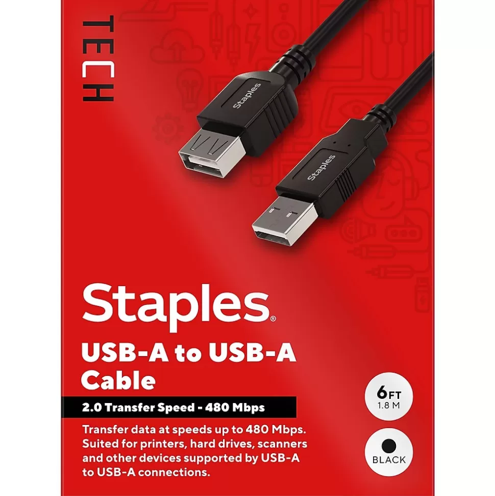 Staples TECH 6 ft. USB-A to USB-A Cable, Male to Male, Black (ST62439) Discount