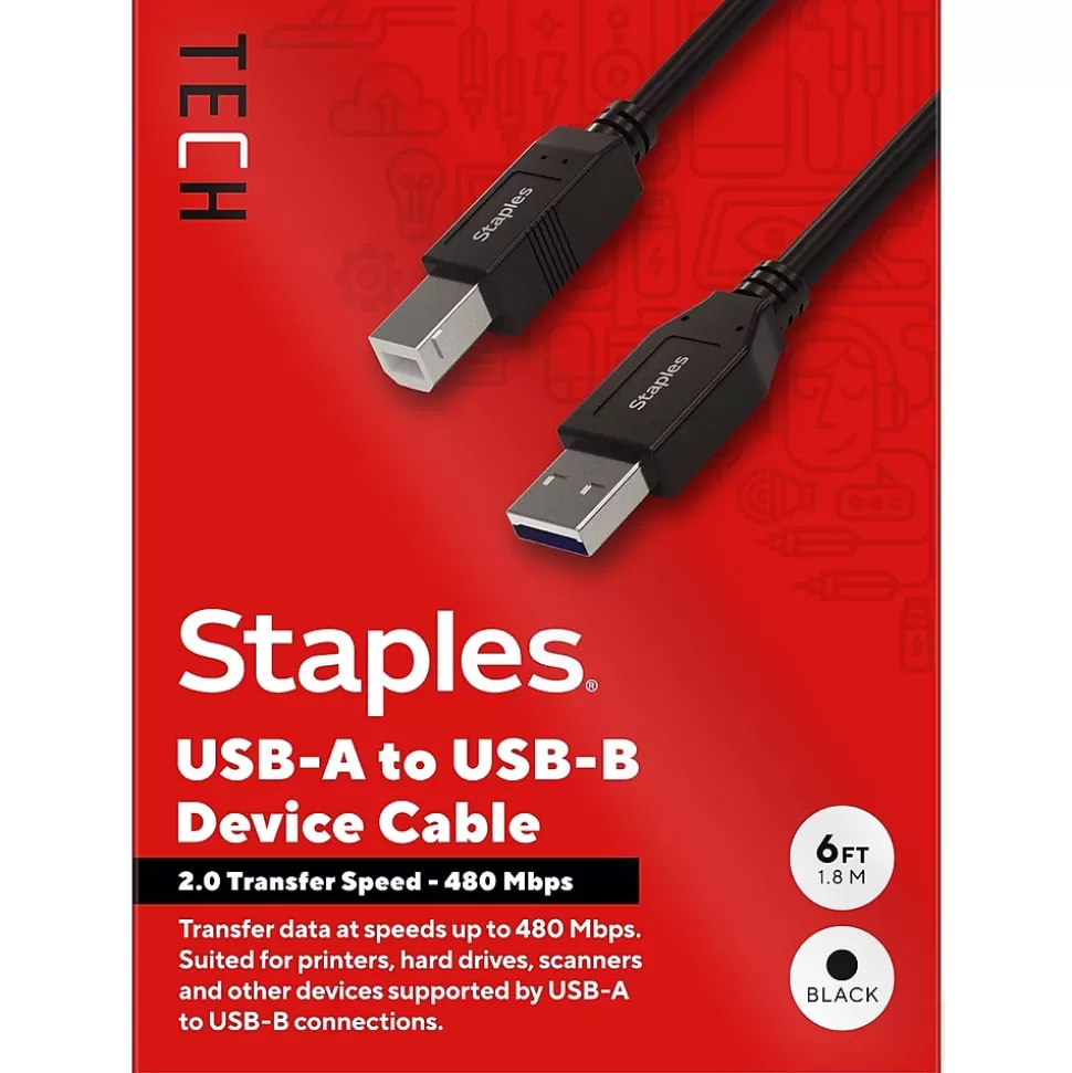 Staples TECH 6 ft. USB-A to USB-B 2.0 Cable, Male to Male, Black (ST62438) Flash Sale