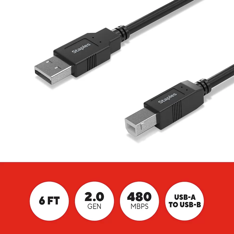 Staples TECH 6 ft. USB-A to USB-B 2.0 Cable, Male to Male, Black (ST62438) Flash Sale