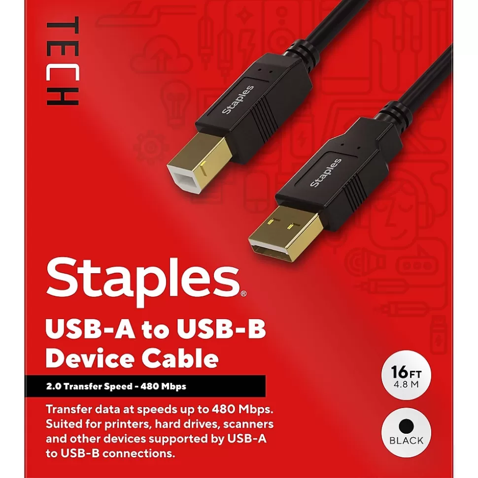 Staples TECH 16 ft. USB-A to USB-B Cable, Male to Male, Black (ST62440) Fashion