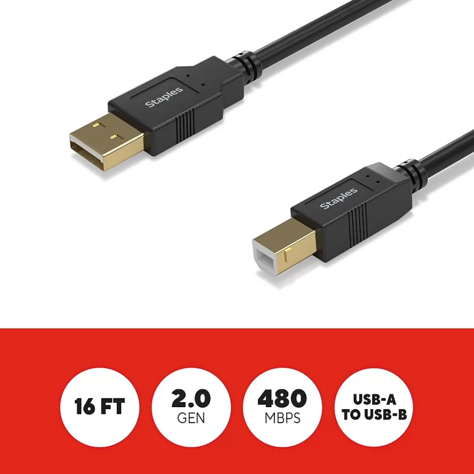 Staples TECH 16 ft. USB-A to USB-B Cable, Male to Male, Black (ST62440) Fashion