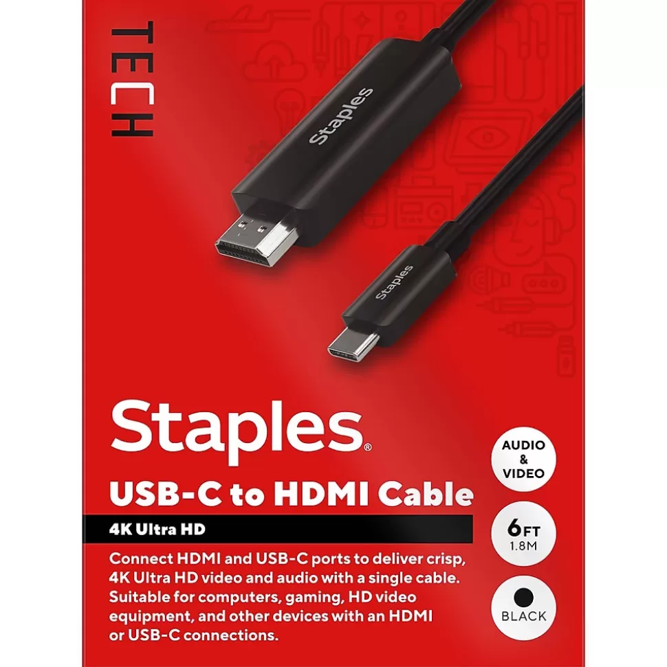 Staples TECH 6 ft. USB-C to HDMI Audio/Video Cable, Male to Male, Black (ST62472) Outlet