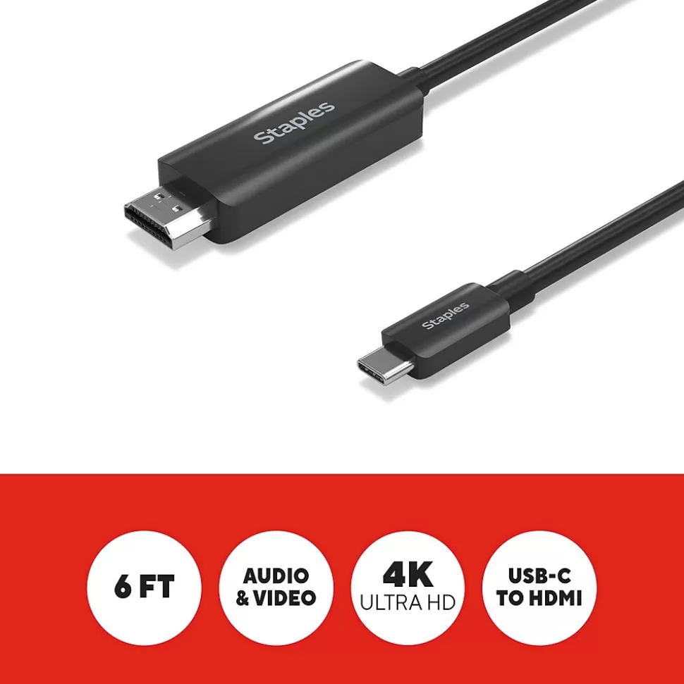 Staples TECH 6 ft. USB-C to HDMI Audio/Video Cable, Male to Male, Black (ST62472) Outlet