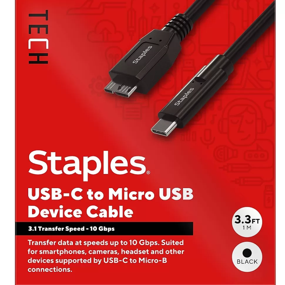 Staples TECH 3.3 ft. USB-C to Micro USB Type-B Audio/Video Cable, Male to Male, Black (ST62445) Online