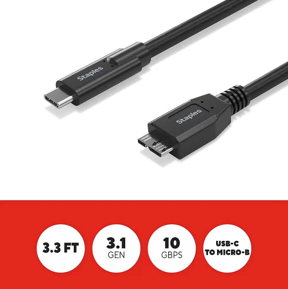 Staples TECH 3.3 ft. USB-C to Micro USB Type-B Audio/Video Cable, Male to Male, Black (ST62445) Online