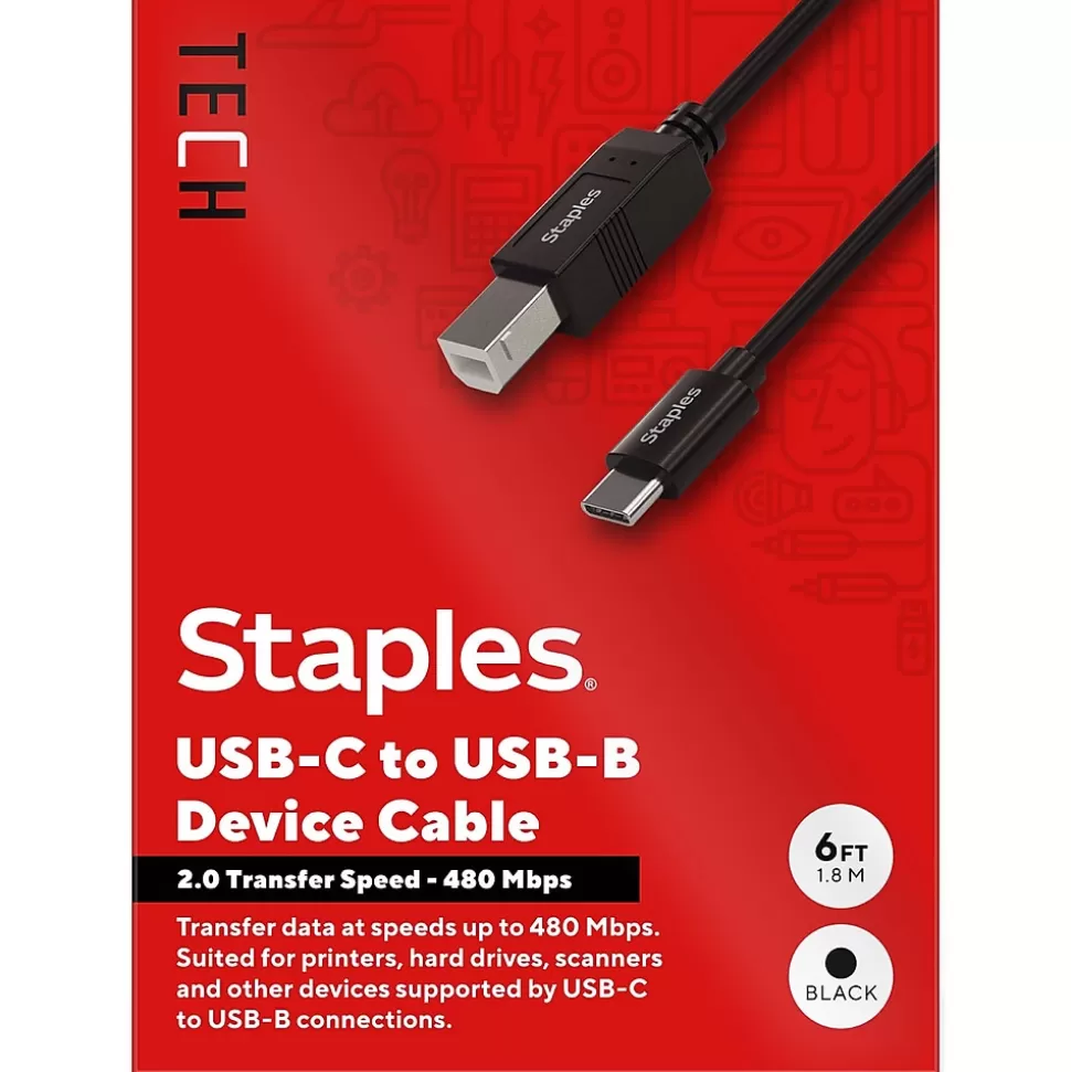 Staples TECH 6 ft. USB-C to USB-B 2.0 Cable, Male to Male, Black (ST62444) New