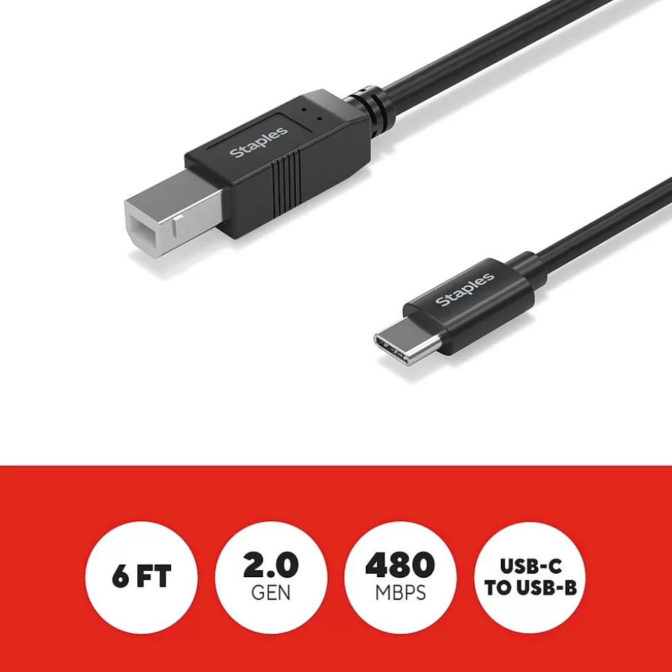 Staples TECH 6 ft. USB-C to USB-B 2.0 Cable, Male to Male, Black (ST62444) New