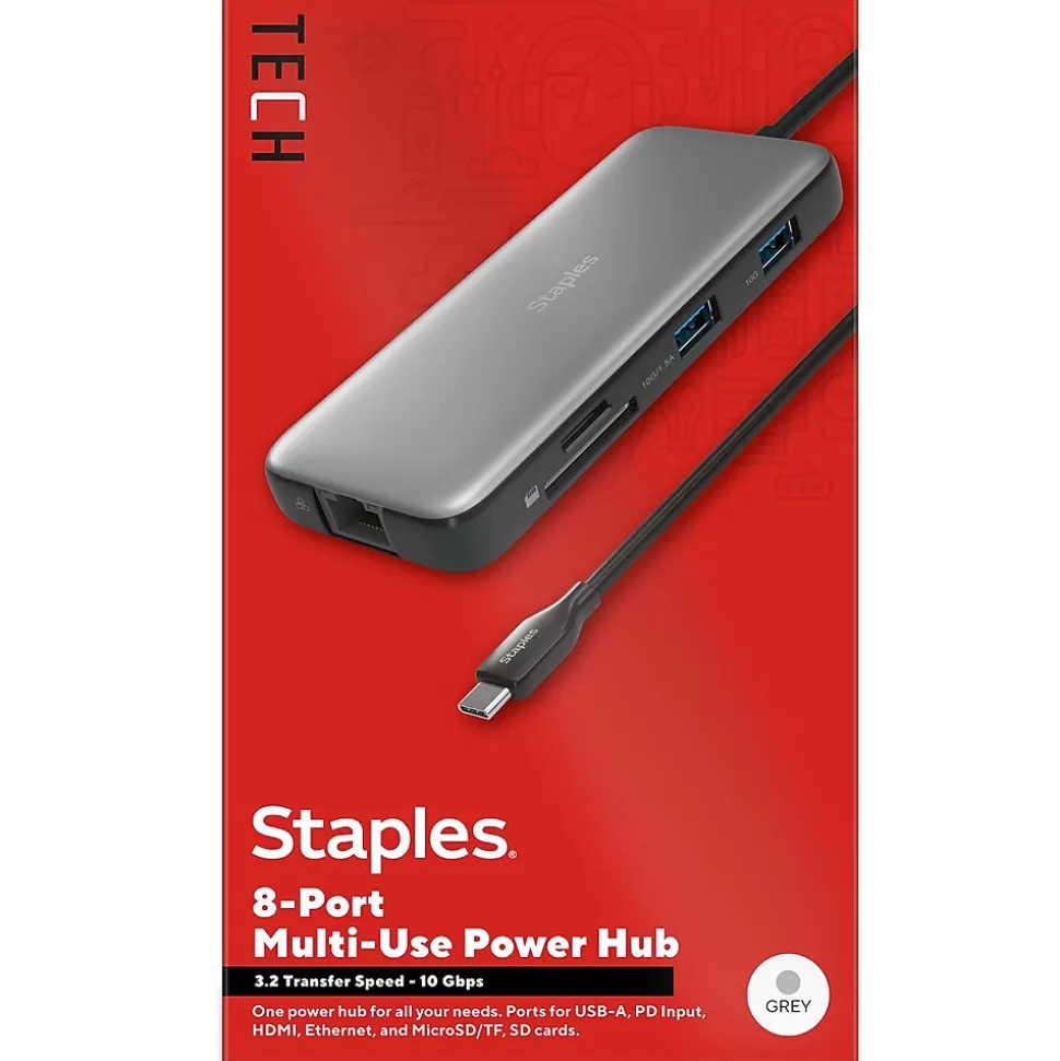 Staples TECH 8-Port Hub, Gray (ST62383) New