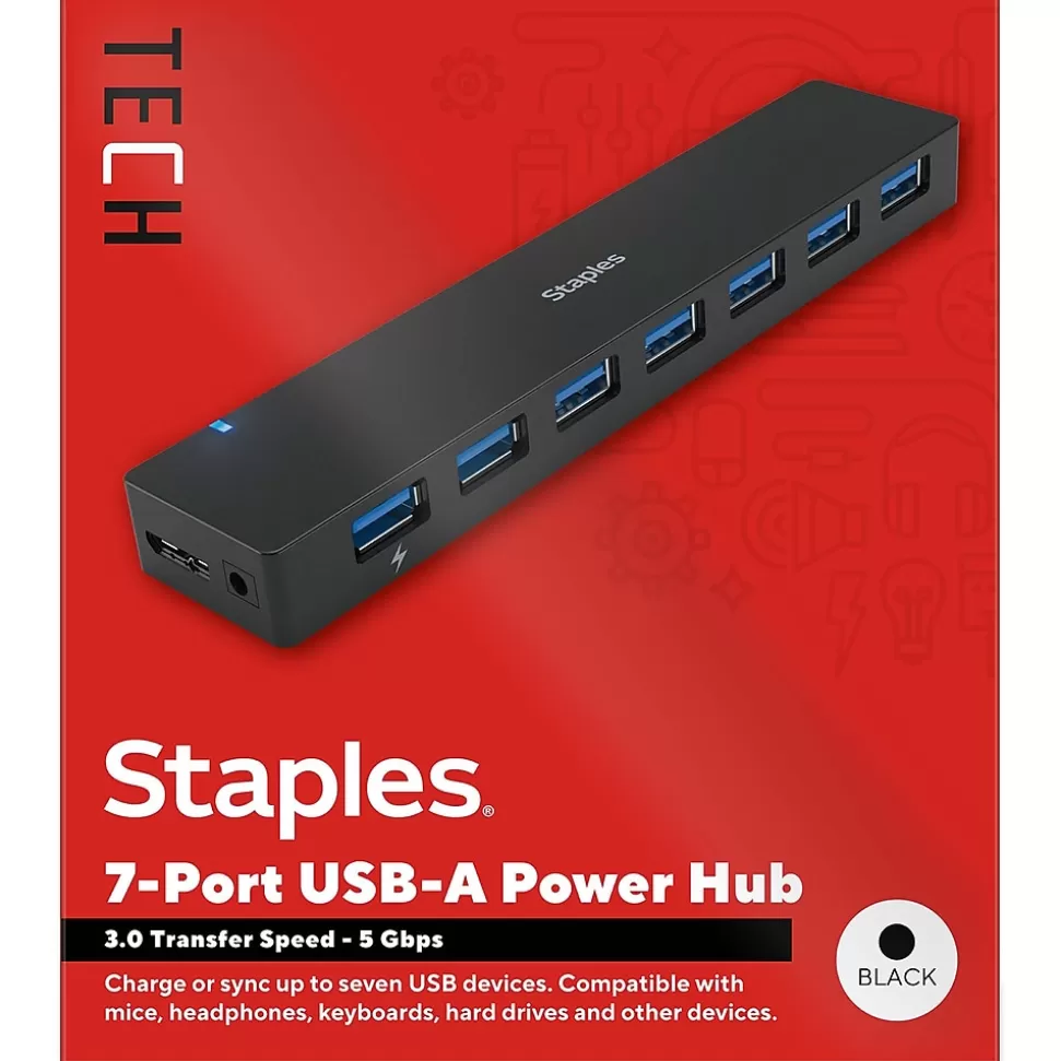 Staples TECH 7-Port USB 3.0 Hub, Black (ST62371) New