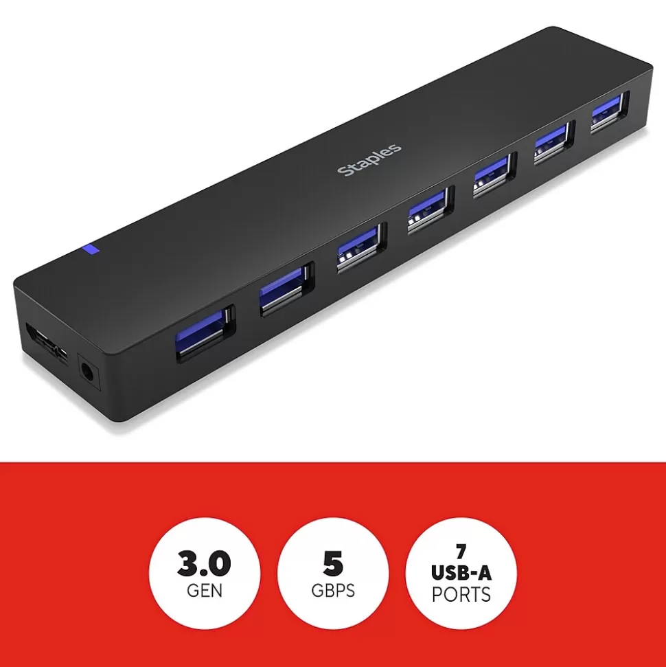 Staples TECH 7-Port USB 3.0 Hub, Black (ST62371) New