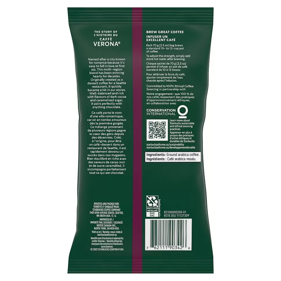 Starbucks Caffe Verona Ground Coffee, Dark Roast, 2.5 oz., 18/Box (11018192) Discount