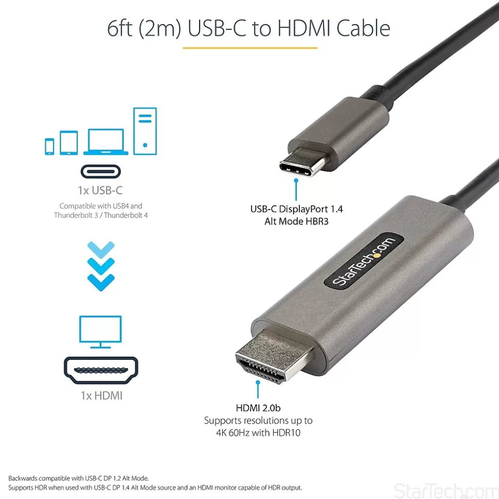 StarTech .com 6.6ft USB-C to HDMI Cable Adapter, 4K 60Hz Audio/Video Cord, Male to Male, Black (CDP2HDMM2MH) Clearance